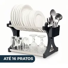 Escorredor de Louça 16 Pratos Preto em aço Inox Alto com Porta Talheres Pia Cozinha Organizador
