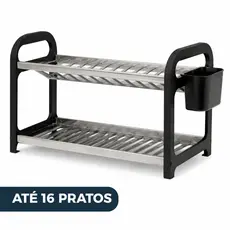 Escorredor de Louça 16 Pratos Preto em aço Inox com Porta Talheres Pia Cozinha organizador de pia