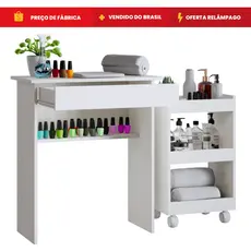 Kit Manicure Mesa com Gaveta para Equipamentos de Unha + Armário de Esmaltes com Rodinhas