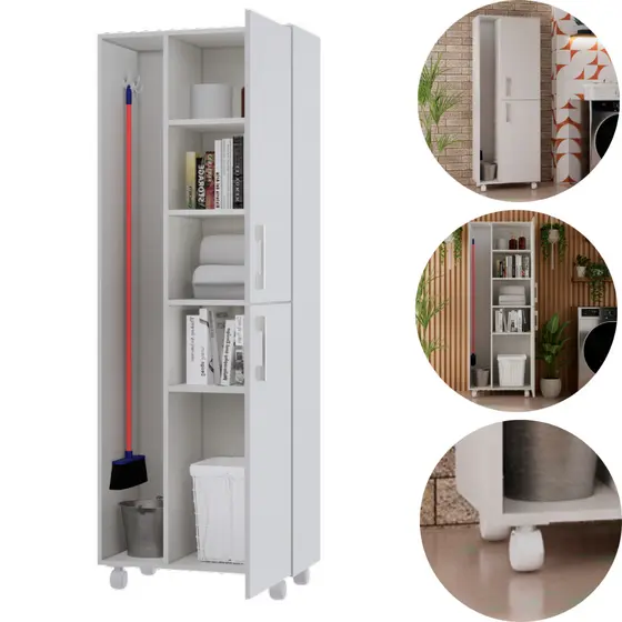 Armário Lavanderia Multiuso com Porta Vassouras 2 Portas com Rodizios Organizador com Prateleira