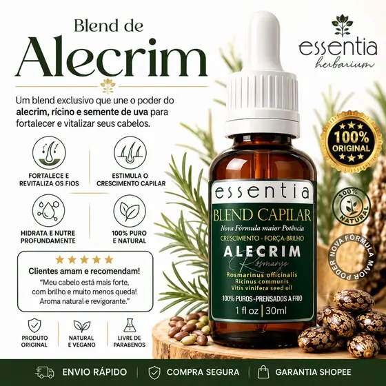 Óleo Capilar Alecrim + Rícino + Semente de Uva - Blend Capilar 30ml - 100% Puro e Vegano Prensado a Frio