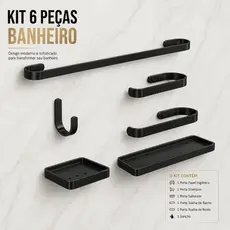 Kit Acessórios Banheiro Preto – 6 Peças que Não Enferrujam e Não Descascam, Alumínio Maciço