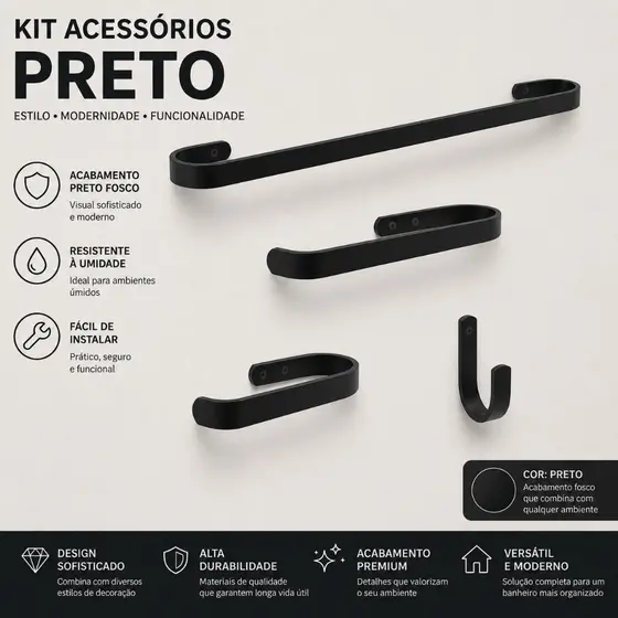 Kit Acessórios Para Banheiro 4 peças Toalheiro Suportes Preto Resistente Alumínio