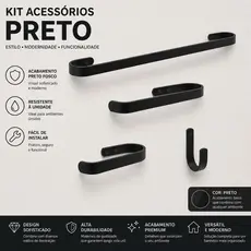 Kit Acessórios Para Banheiro 4 peças Toalheiro Suportes Preto Resistente Alumínio