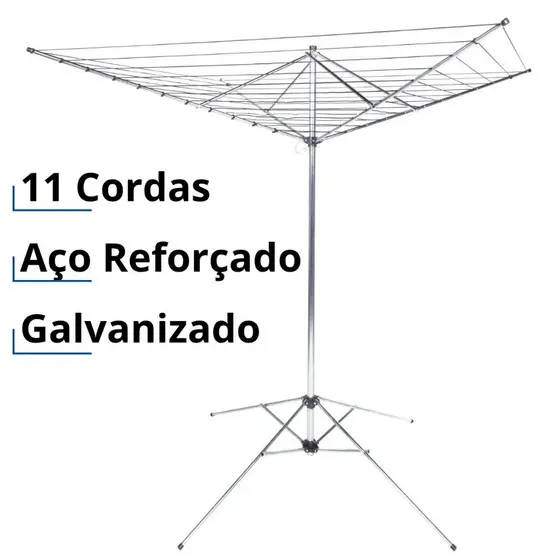 Varal de Chão Giratório 11 Cordas Grande Reforçado Dobrável Parabólico Torre Aço Retrátil com Abas