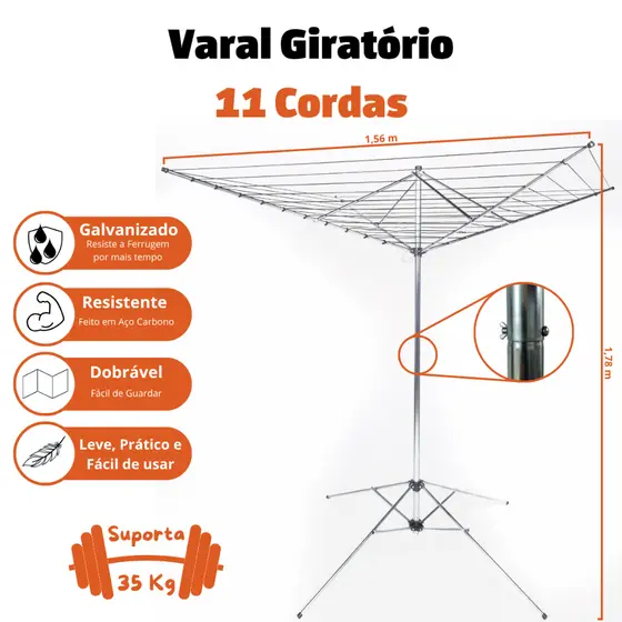 Varal de Chão Giratório 11 Cordas Grande Resistente Bipartido Prateado de Roupa Dobrável Reforçado Torre Aço com Abas