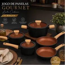 Conjunto de Panelas 5 Peças Gourmet Premium Cerâmica Antiaderente com Tampa de Vidro Preto e Bege
