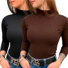 Kit 2 Blusa CACHARREL Feminina, Gola Alta, Modelo CANELADO Elegante