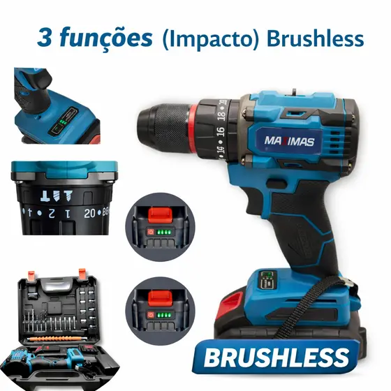 Parafusadeira Furadeira de Impacto Brushless 21V 3 Funções, 2 Baterias com Display, Luz LED e Maleta