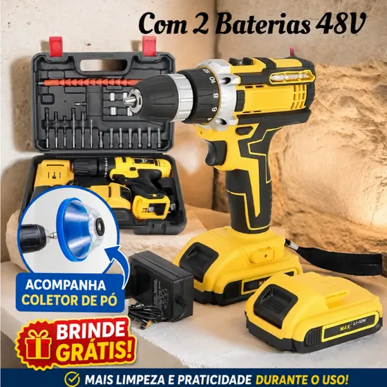 Parafusadeira Furadeira Sem Fio Bateria 48v com Baterias Com Maleta Completo