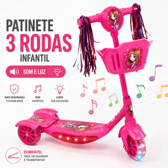 Patinete Infantil 3 Rodas Dobrável com Som e Luz Rosa Cestinha Rodas LED