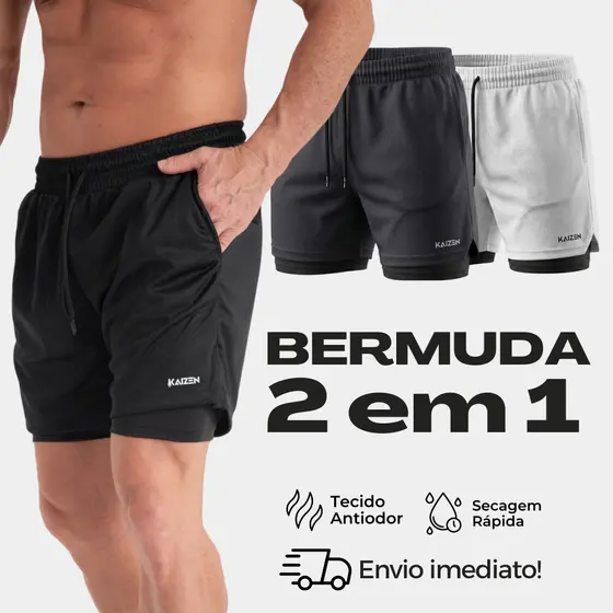 KIT 2 BERMUDAS ACADEMIA 2 EM 1 KAIZEN  FIT COM PROTEÇAO UV CORRIDA
