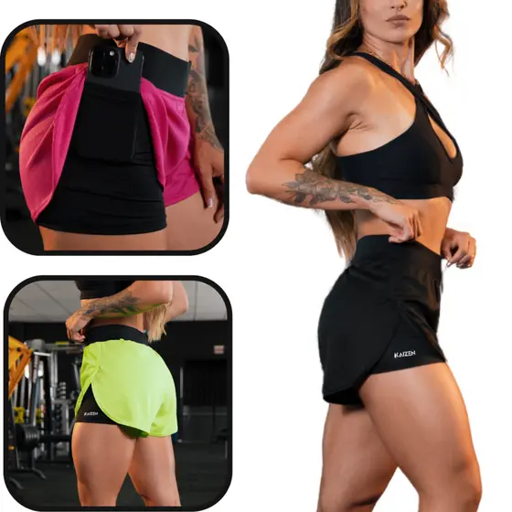 SHORTS FEMININO 2 EM 1 DRYFIT C/ PORTA CELULAR PARA ACADAMIA KAIZEN