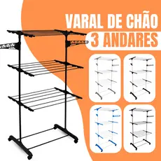 Varal De Chão De Roupas 3 Andares Dobrável Grande 4 Rodas