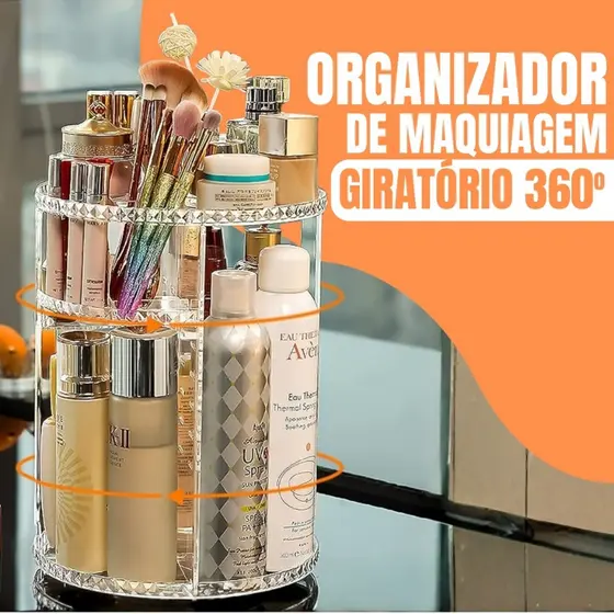 Organizador de Maquiagem Giratório 360° em Acrílico Transparente com Prateleiras Ajustáveis