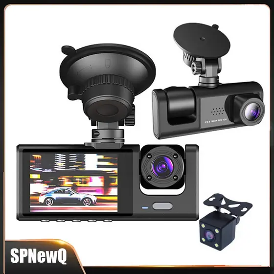 Triple Dashcam Voiture-avant 1080P + cabine 720P + arrière 720P-Surveillance du stationnement 24 heures et Détection
