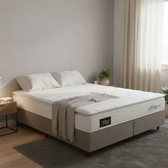 Conjunto Box Baú Queen Size Hellen Mustang Espuma D45 Pillow Top 158x198x57cm
