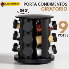 Porta Tempero Condimentos Giratório com 9 Potes de Vidro Preto 360 Graus com Tampa Dosadora