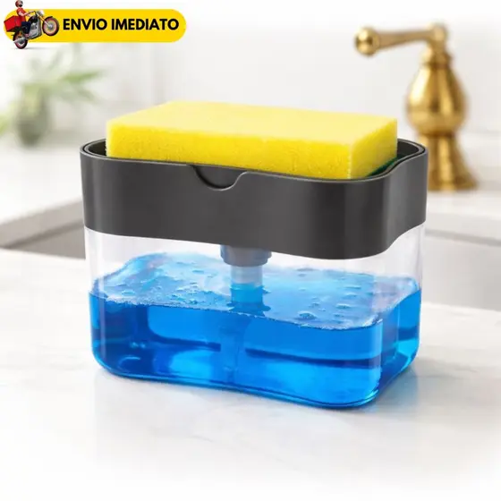 Dispenser Porta Detergente e Sabão Líquido com Suporte para Esponja Cozinha Compacto 650ml Pressão Automática