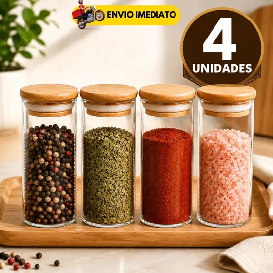 Potes de Vidro Com Tampa Bambu Hermética Porta Temperos Especiarias Organizador Cozinha Empilháveis 100ml