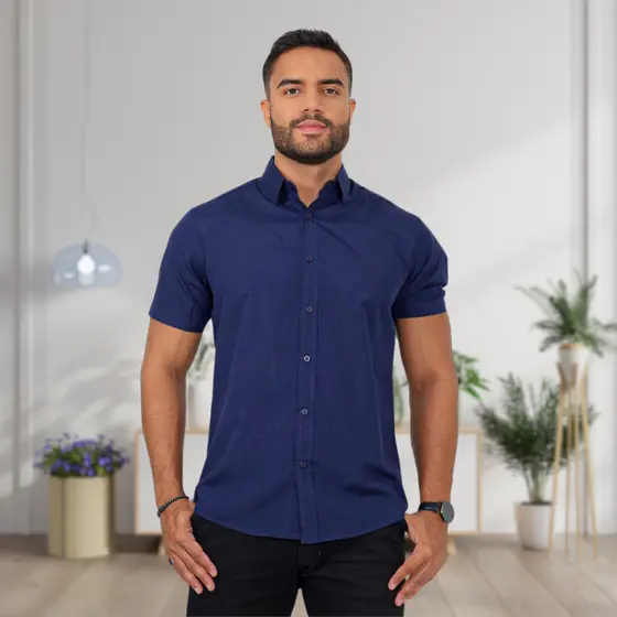 Camisa manga curta slim fit luxo algodão sem bolso não amassa