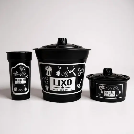 Kit Pia 3 Peças – Lixeira, Porta Sabão e Detergente em Plástico