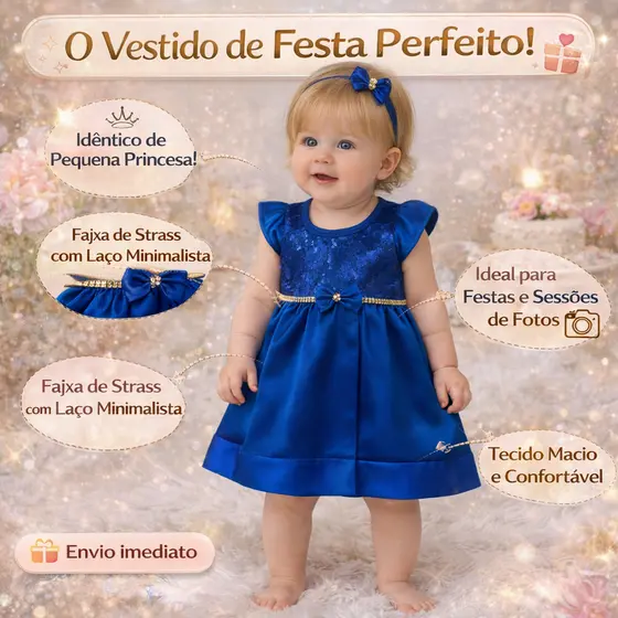 Vestido de Festa Bebê Menina Infantil 0 a 6 Meses Luxo para Casamento, Batizado, Aniversário e Fotos