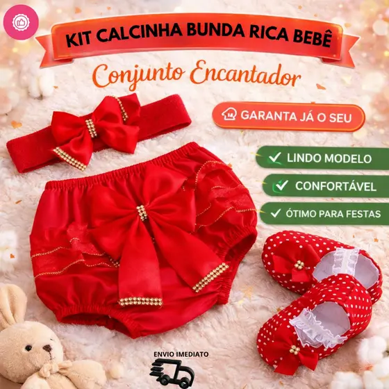 Kit Calcinha Bebê Luxo 3 Peças Tapa Fralda Bunda Rica com Tiara e Sapato Confortável Look Completo