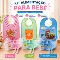 Kit Refeição Infantil Introdução Alimentar Bebê 4 ou 5 Peças Copo Prato Colher Babador Impermeável