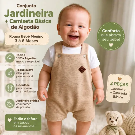 Conjunto Bebê Menino Jardineira + Camiseta Branca Roupa Infantil Confortável e Estilosa 3 á 6 Meses