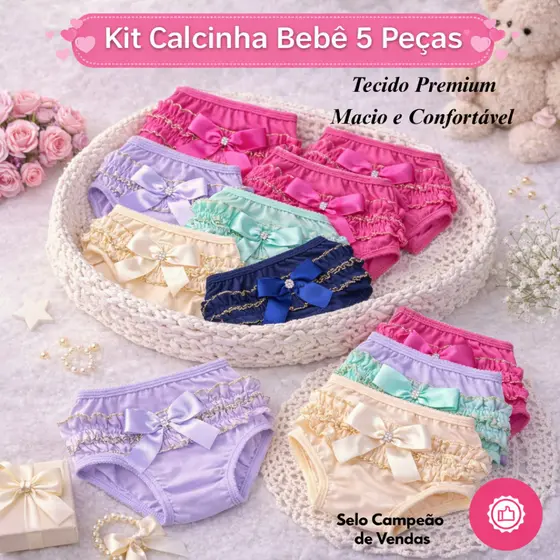 Kit 5 Calcinha Bebê Lisas e Bordadas Conforto Premium Cores Variadas Macias e Confortáveis