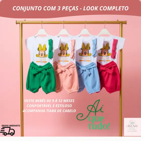 Conjunto Bebê Menina 3 Peças Camiseta Estampada com Shorts e Faixa de Cabelo Estiloso e Confortável