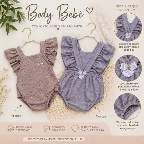 Body Bebê Menina Mescla Com Babado Roupa Infantil Confortável Look Fofo Premium 3 á 6 Meses