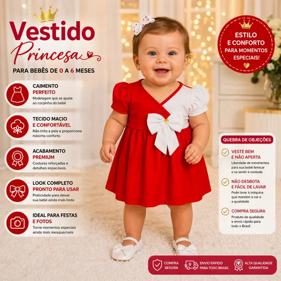 Vestido Bebê Infantil Festa com Laço Branco 3 á 6 Meses Tecido Macio Estilo Princesa