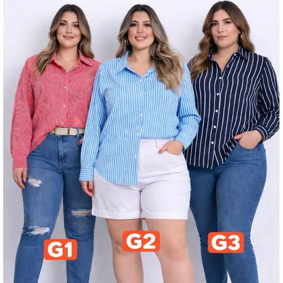 Camisa femenina comprido listrada moda plus size G1G2G3 elegante no tecido duna e crepinho