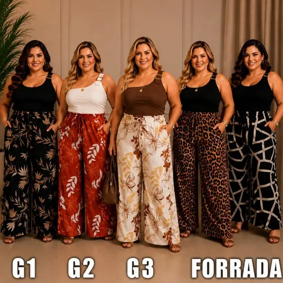 calça pantalona femenina plus size G1 G2 G3 estampada cintura alta e forro interno