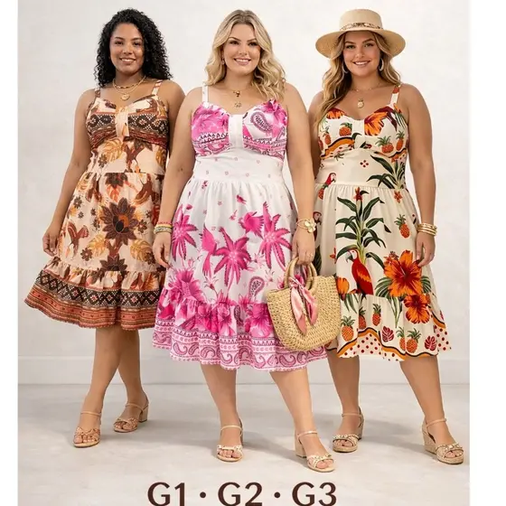 vestido curto plus size midi floral forrada e com bojo alça regulável G1 G2 G3 tecido crepinho moda femenina elegante