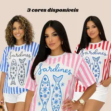 Camiseta Feminina Max Listras Sardinhas 100% Algodão Blusão Estiloso e Confortável para o Dia a Dia