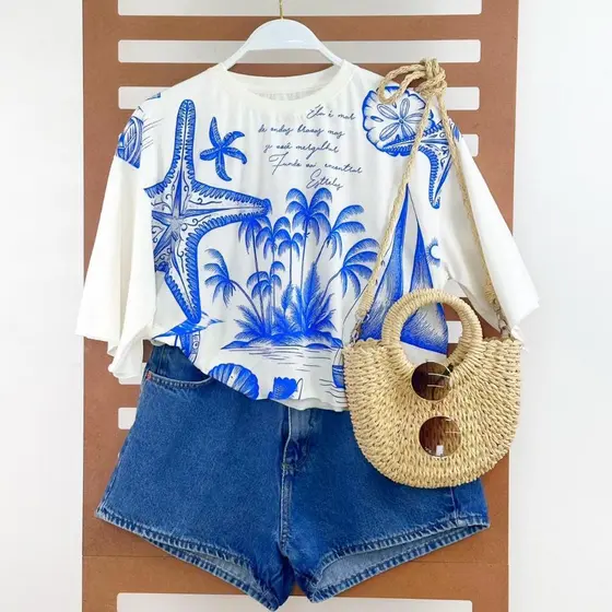 Cropped Feminino Oversized Tecido 100% Algodão Estampado Tropical Verão Confortável e Estiloso