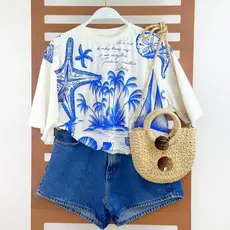Cropped Feminino Oversized Tecido 100% Algodão Estampado Tropical Verão Confortável e Estiloso