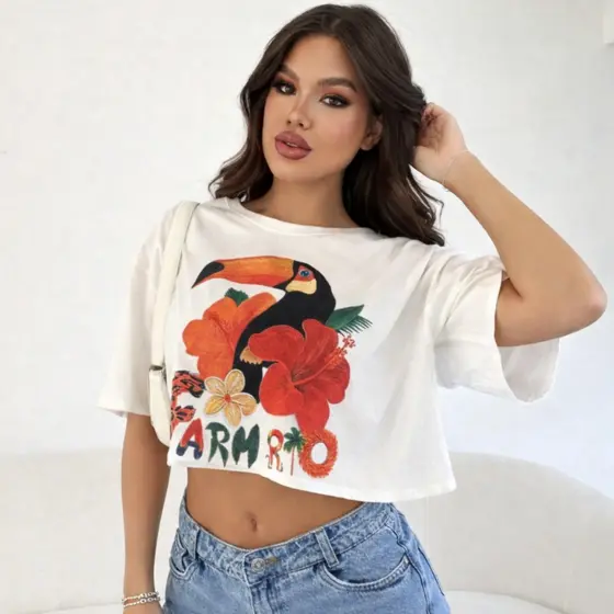 Cropped Oversized Tucano Flor Laranja Fashion e Descolado Blusa 100% Algodão Confortável e Estilosa