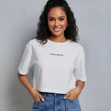 Cropped Feminino Oversized Copacabana Estampado Frente e Costas Blusa de Tecido 100% Algodão Confortável e Estilosa