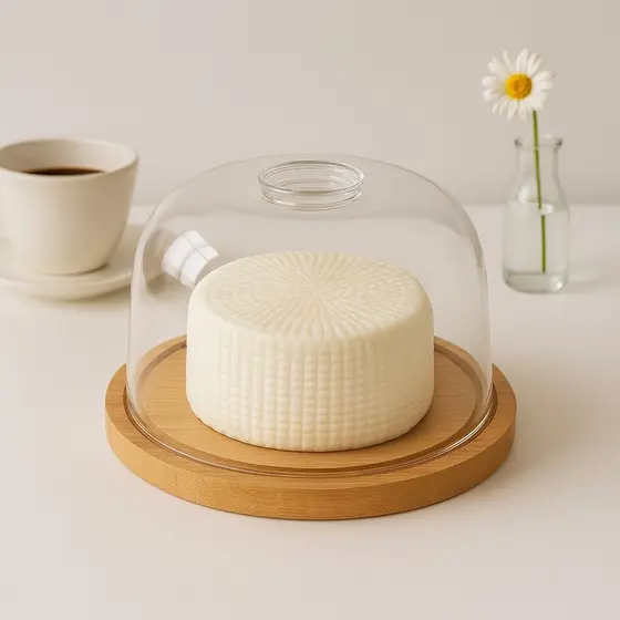 Porta Queijo Queijeira Bambu Natural Com Tampa 19cm X 9cm Em Acrílico Mesa Posta