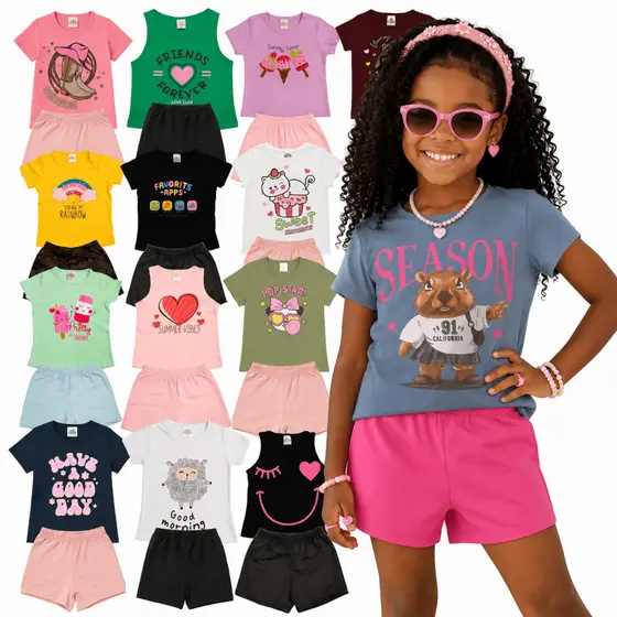 Kit Conjunto Infantil Menina 2 ao 12 Anos | Camisetas + Shorts Infantil | Roupa Infantil Menina Verão