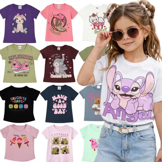 Kit Camiseta Infantil Feminina Sortido - Roupa Infantil Menina - Camisa Infantil Feminina Regata Infantil Menina Sortido