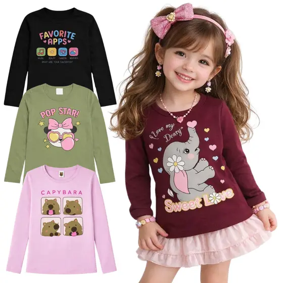 Kit Camiseta Manga Longa Infantil Feminina Sortido - Roupa Infantil Menina - Envio Sortido