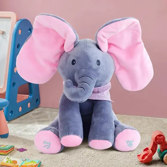Elefante Cantante de 30CM que Balança as Orelhas, Brinquedo Musical de Pelúcia Peek A Boo NABM