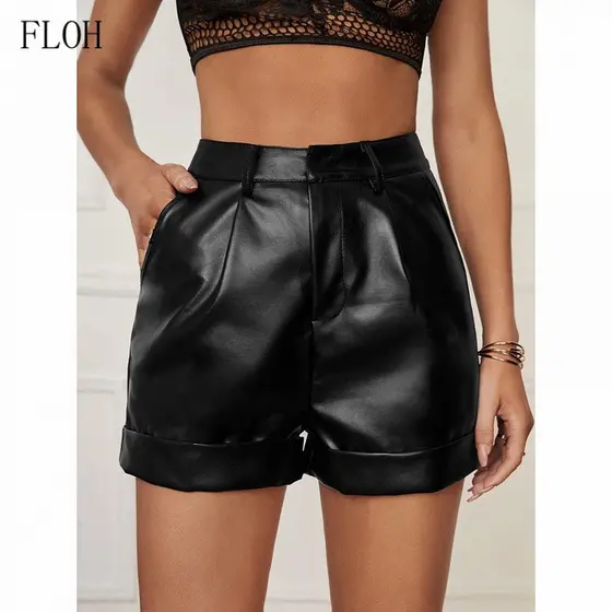 Shorts de Cintura Alta em Couro Sintético Estilo Blogger de Moda Feminina com Bolso TLPK
