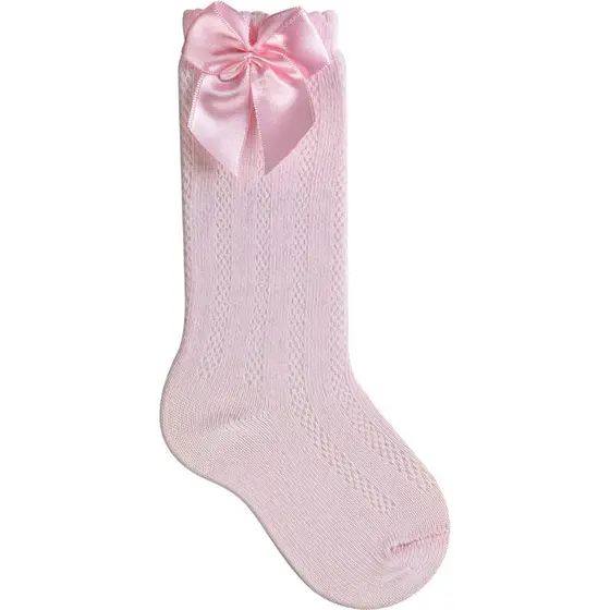 Meia Infantil Rosa com Laço Cetim Grande Meia 3/4 Alta Menina Delicada Elegante Meia Social Festa Aniversário