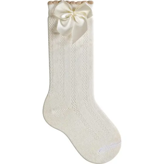 Meia Infantil Off White Bee com Laço Cetim Grande Meia 3/4 Alta Menina Elegante Delicada Meia Social Festa Batizadog